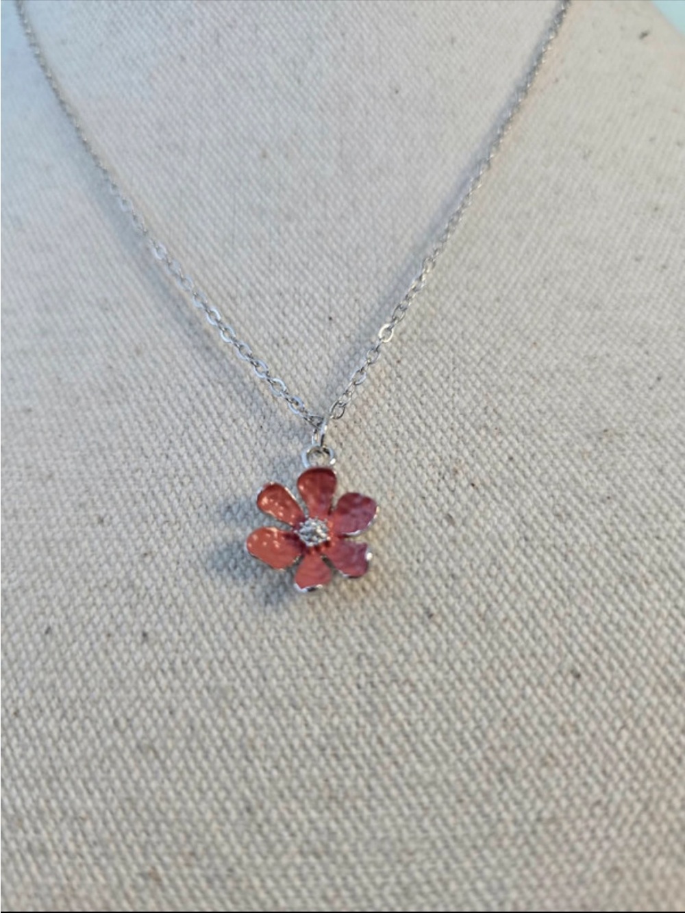 Pink Enamel Flower Pendant Necklace on Silver Chain